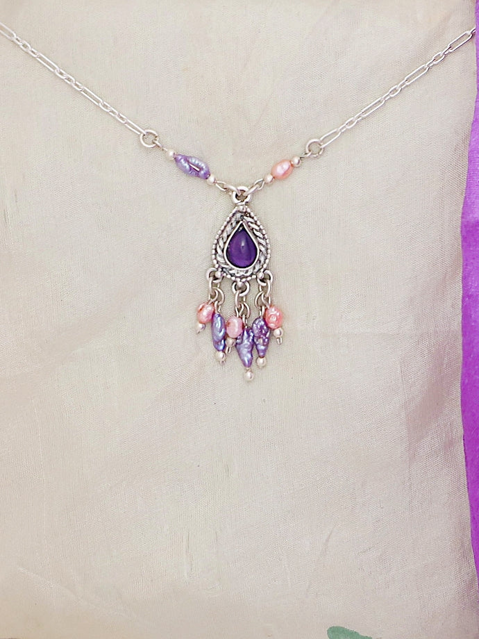 B266- Silver Drop Necklace with Pearls