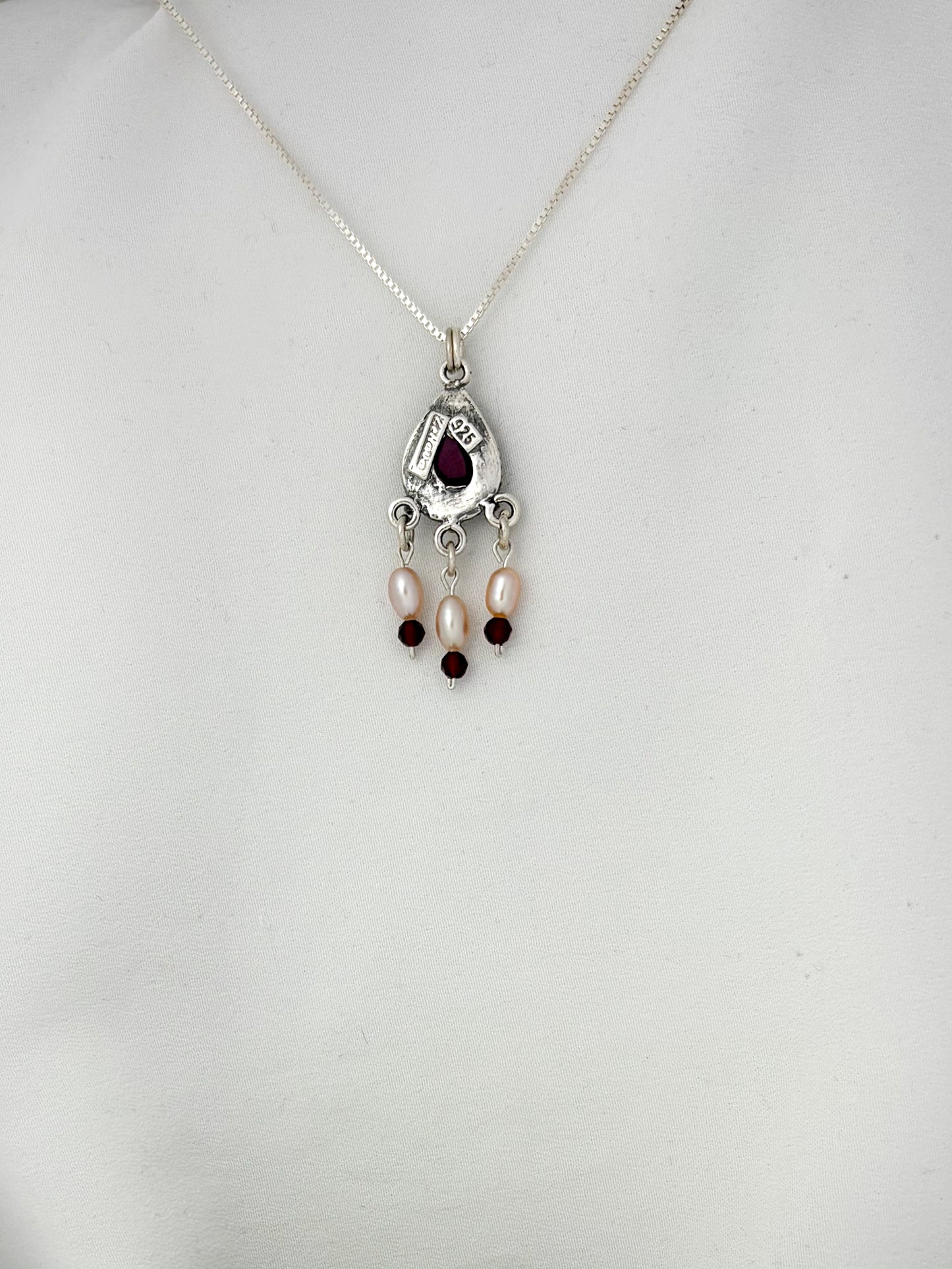 B25- Silver Drop Necklace with Garnet - Zehava Jewelry