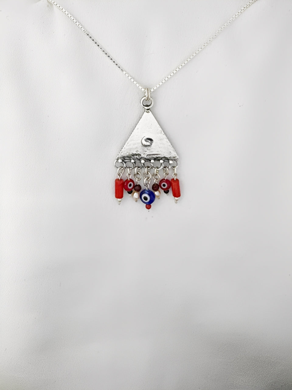 B405- Pyramid Pendant with Pearls & Evil Eye - Zehava Jewelry