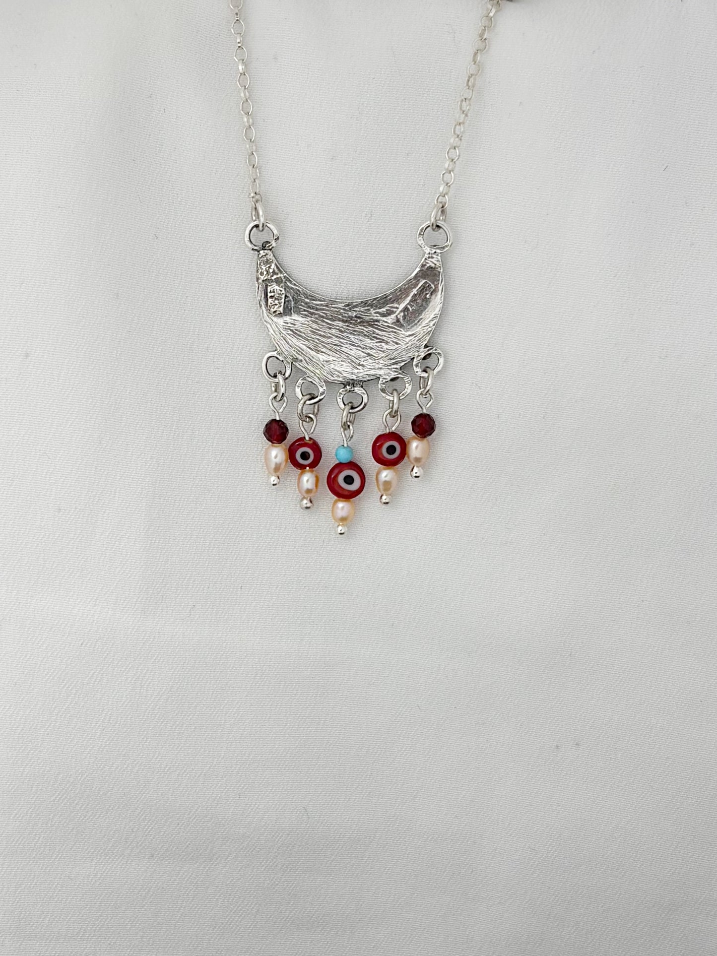 B406- Moon Necklace with Pearls & Evil Eye - Zehava Jewelry
