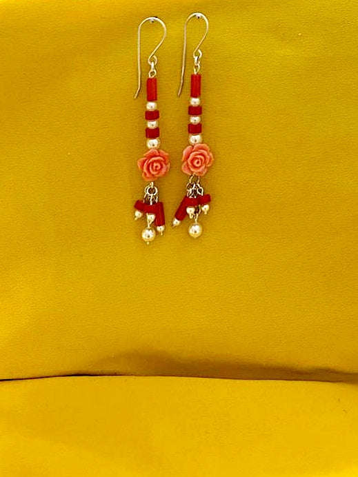 E136- Rose Coral Earrings with Pearls