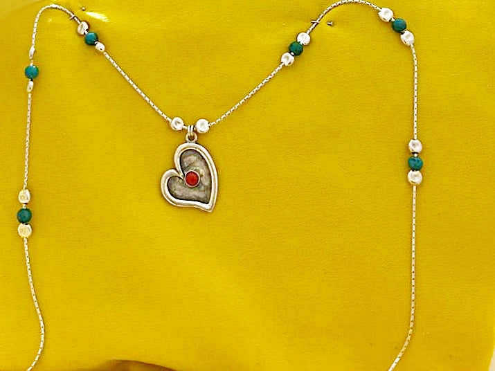 B373- Heart Necklace with Coral Stone