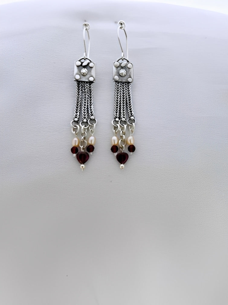 E147- Silver Earrings with Pearls & Garnet - Zehava Jewelry