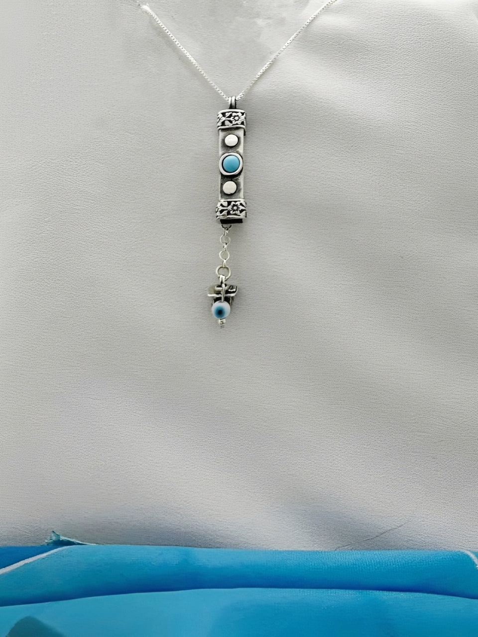 A14- Big Mezuzah with Turquoise Stone & Flowers - Zehava Jewelry