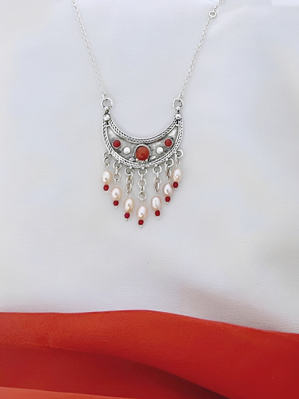 B37- Moon Pendant with Pearls & Coral - Zehava Jewelry