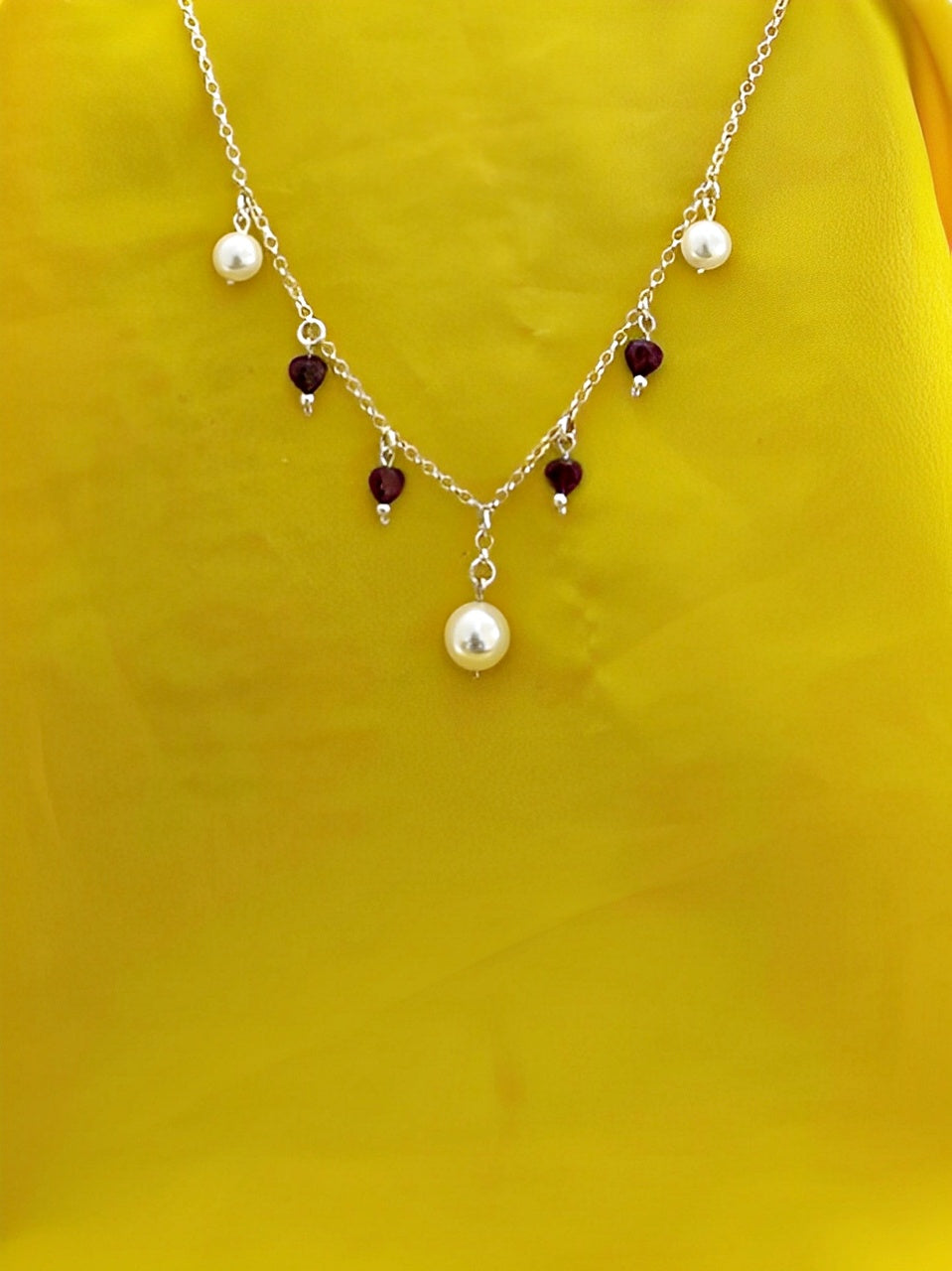 B378- Pearls & Garnet Hearts Necklace