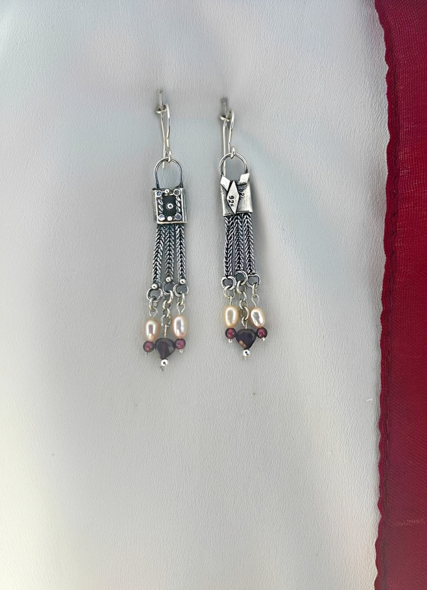 E151- Silver Earrings with Garnet & Pearls