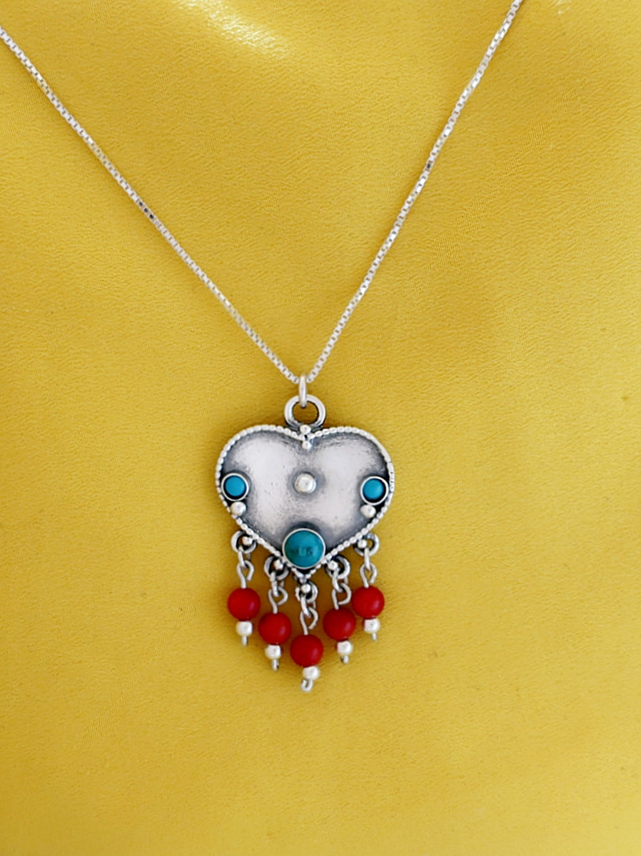 B205- Heart Necklace with Turquoise Stones - Zehava Jewelry