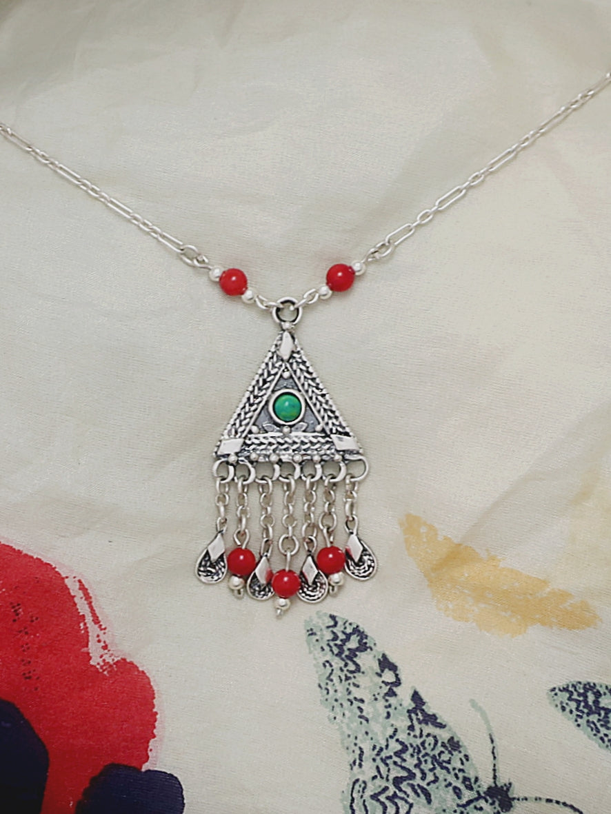 B222- Pyramid Necklace with Coral/ Turquoise/ Blue Agate