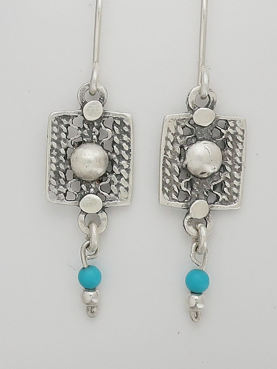 E23- Silver Filigree Earrings with Turquoise Beads - Zehava Jewelry
