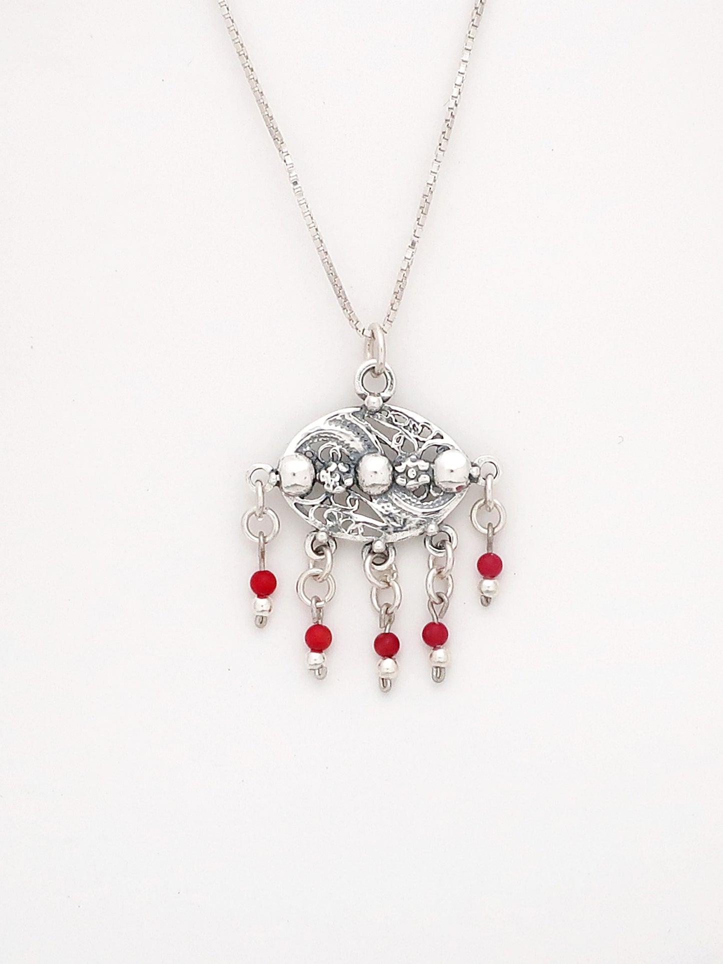 B77- Silver Filigree Pendant with Carnelian Beads - Zehava Jewelry