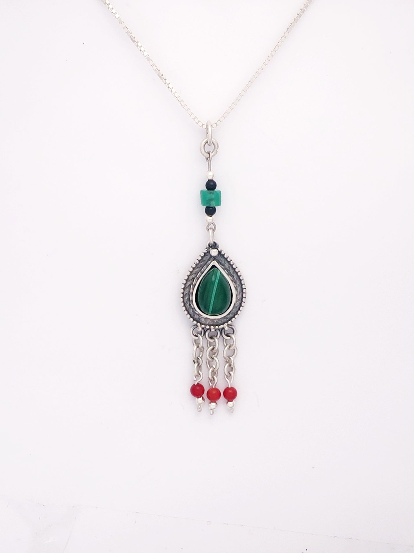 B75- Drop Silver Necklace with Multiple Stones - Zehava Jewelry