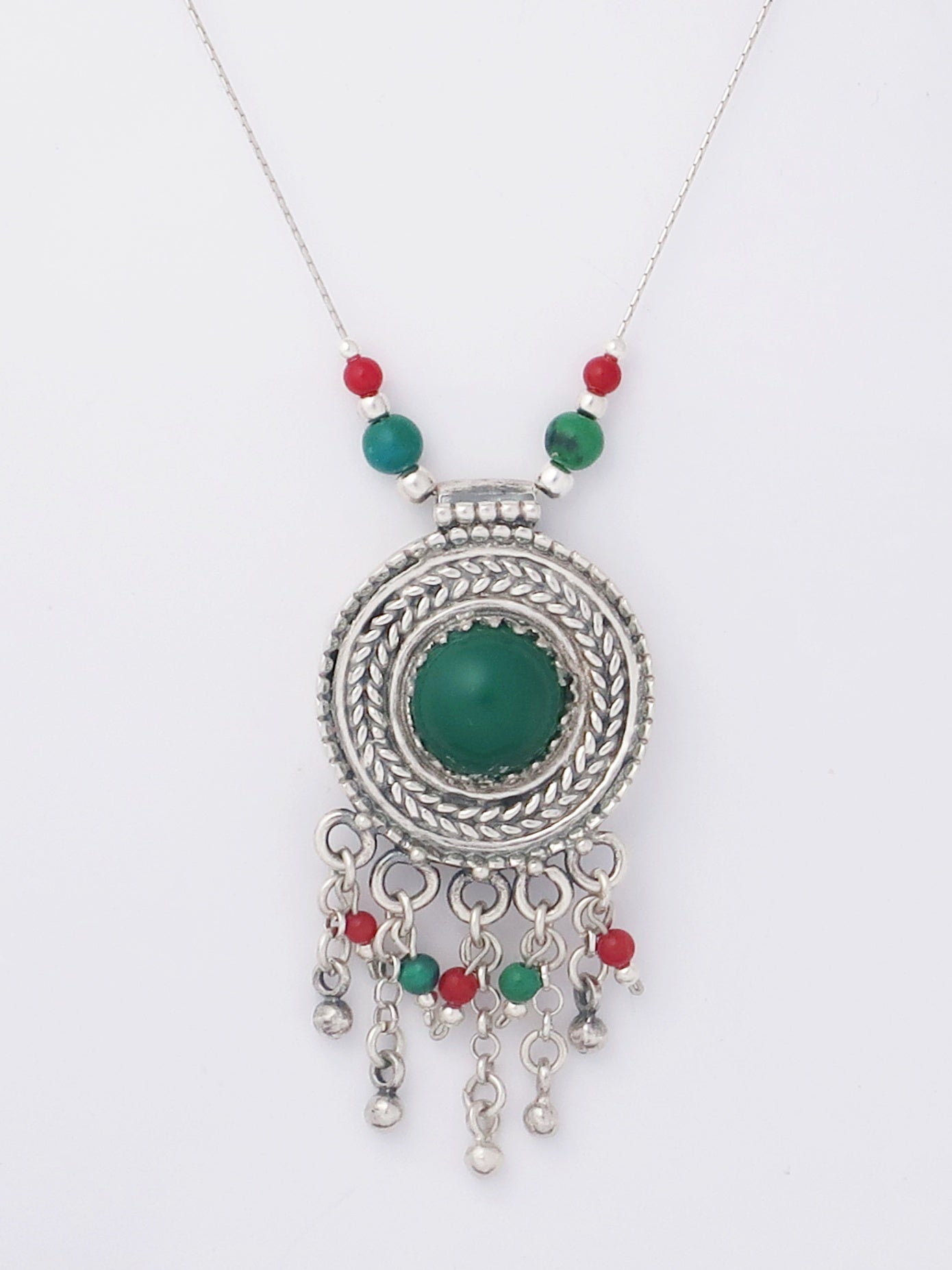 B113-Silver Necklace with Green Agate Stone - Zehava Jewelry