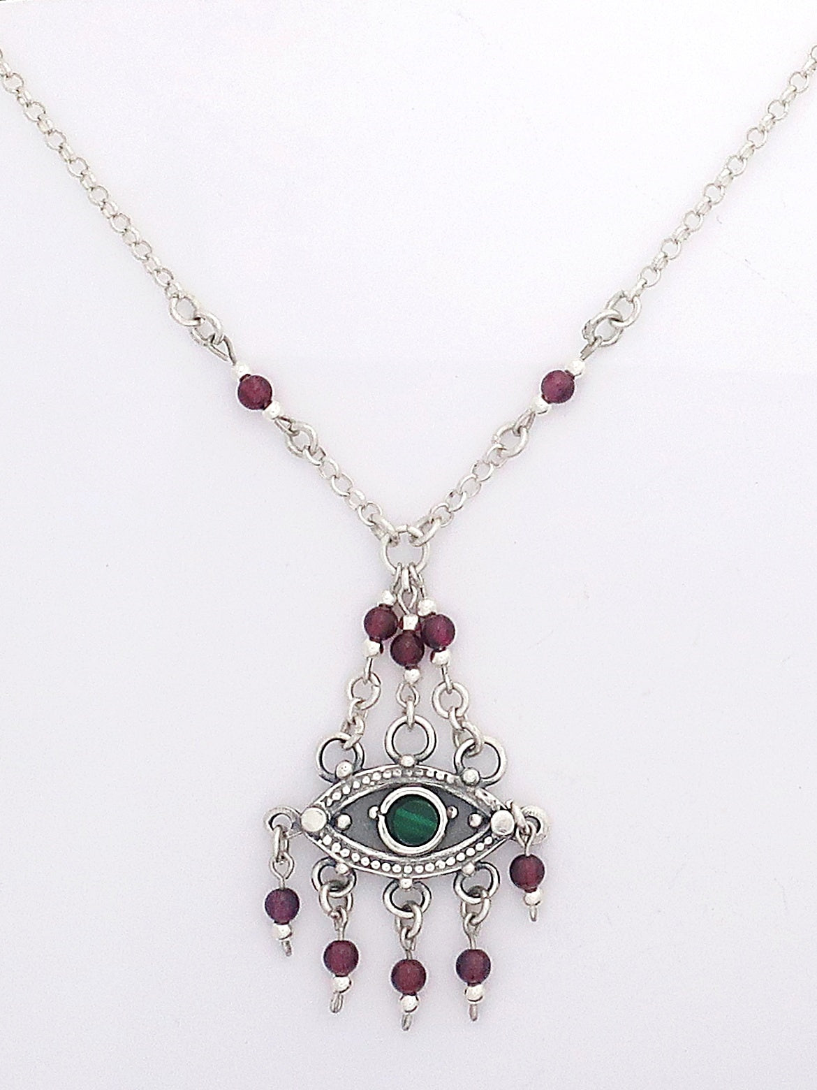 B94-Silver Eye Necklace with Garnet/Malachite Stone - Zehava Jewelry