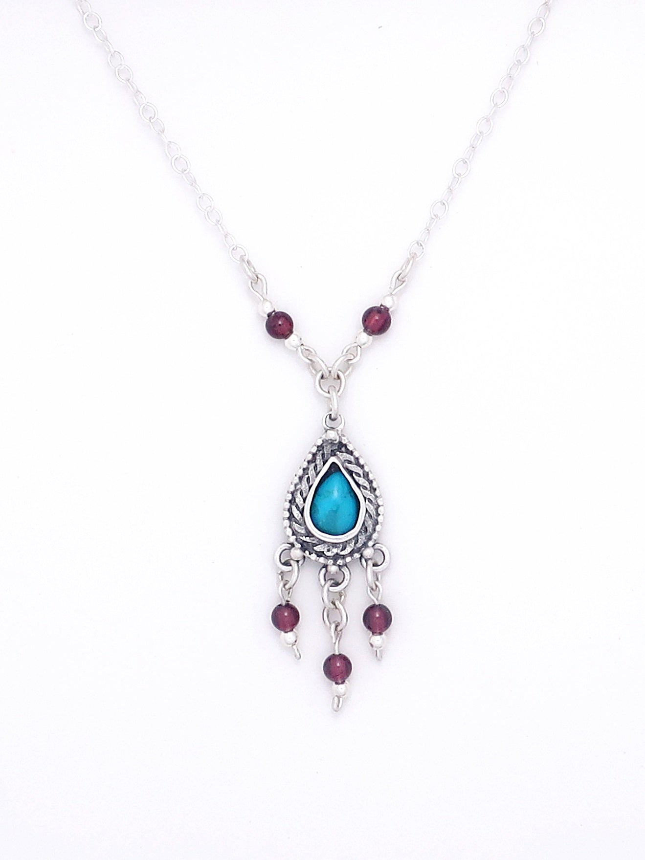 B97- Drop Silver Necklace with Garnet/Turquoisse Stone
