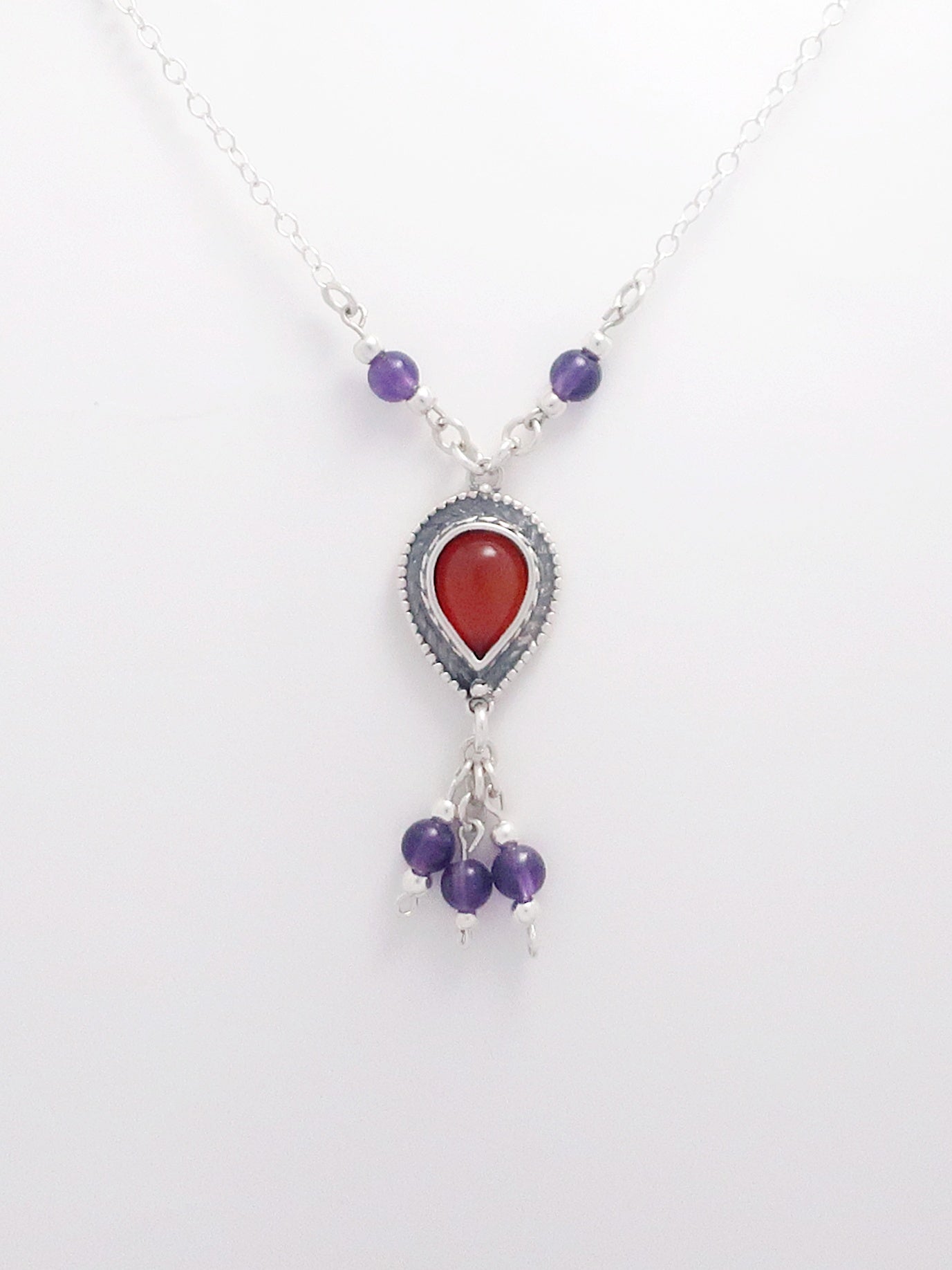 B218- Drop Silver Necklace with Amethyst Beads & Turquoise/ Amethyst/ Coral Stones