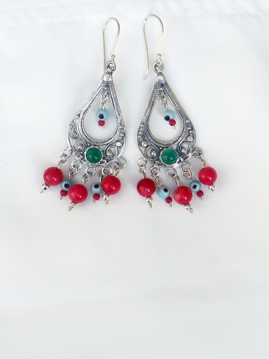 E69- Silver Filigree Earrings with Blue/Green Agate Stone