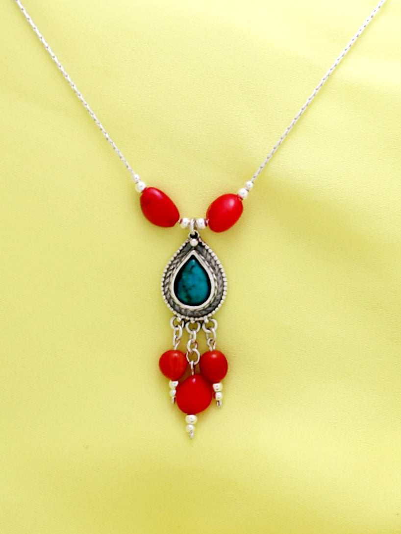 B58- Drop Silver Necklace with Garnet/Turquoise Stone