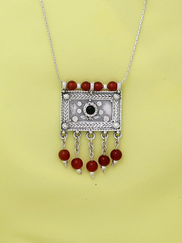 B121- Silver Necklace with Turquoise/ Onyx Stone