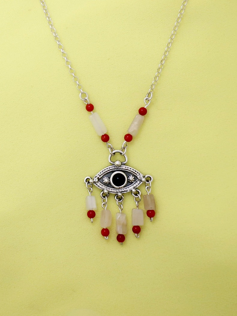 B119-Silver Eye Necklace with Onyx/Agate Stone