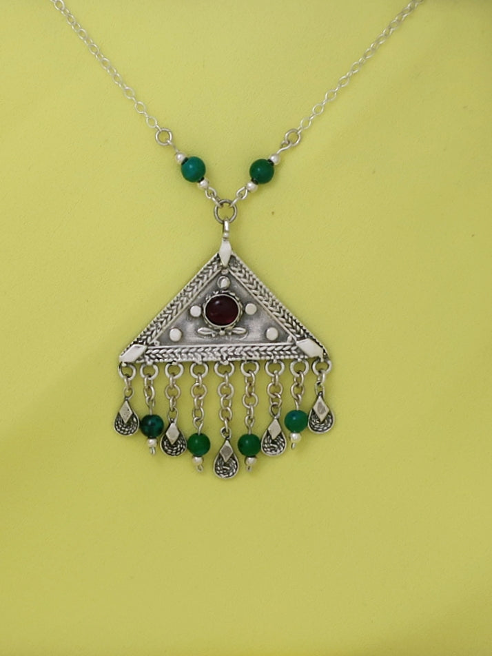 B126- Triangle Necklace with Garnet/ Garnet & Turquoise
