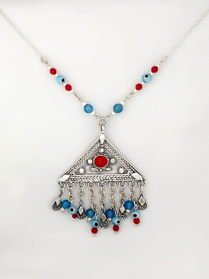 B127- Triangle Necklace with Coral Stone