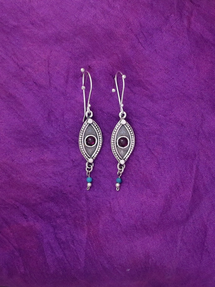 E32.1- Silver Eye Earrings with Garnet Stone - Zehava Jewelry