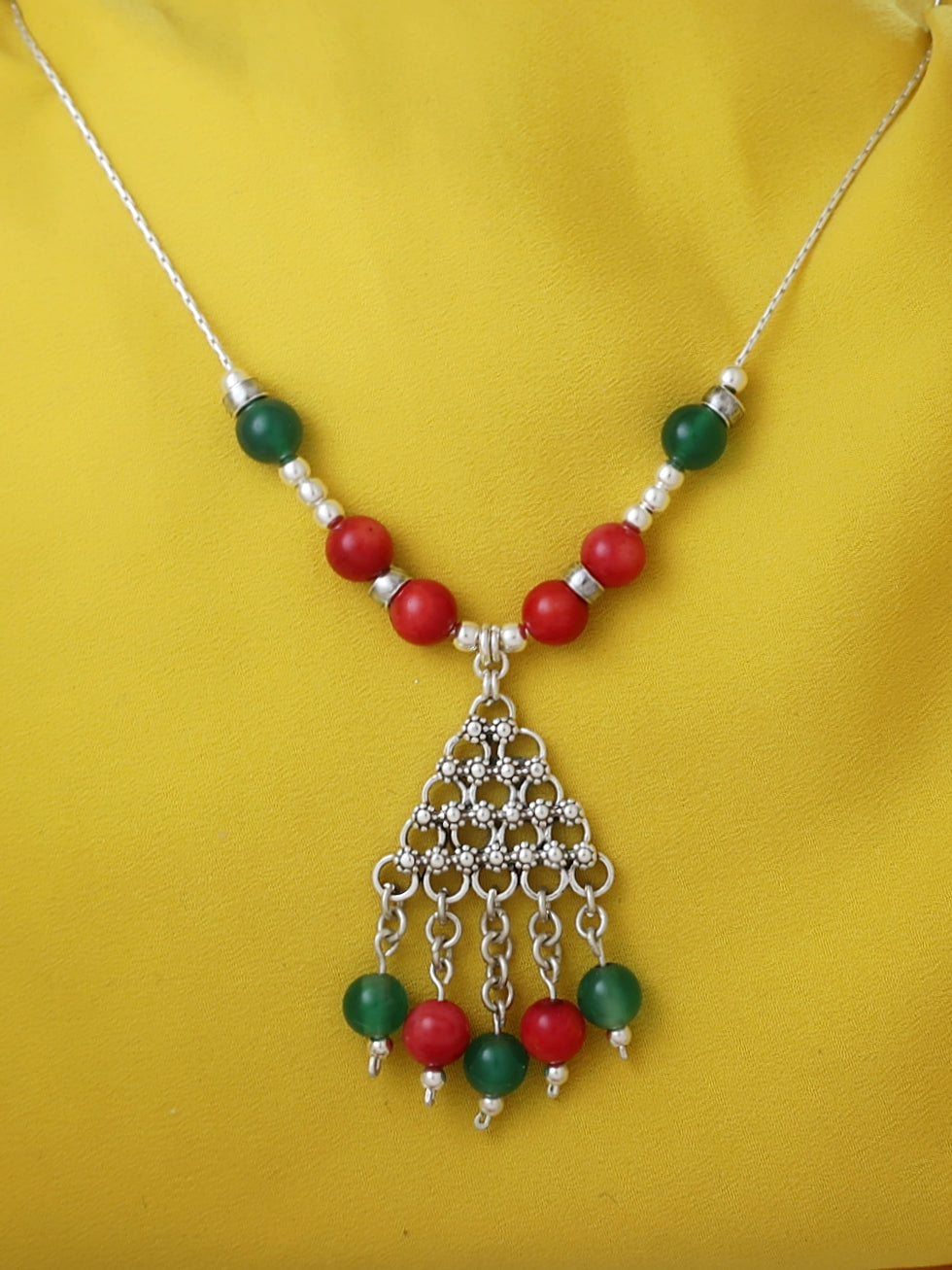 B174- Triangle Necklace with Flowers