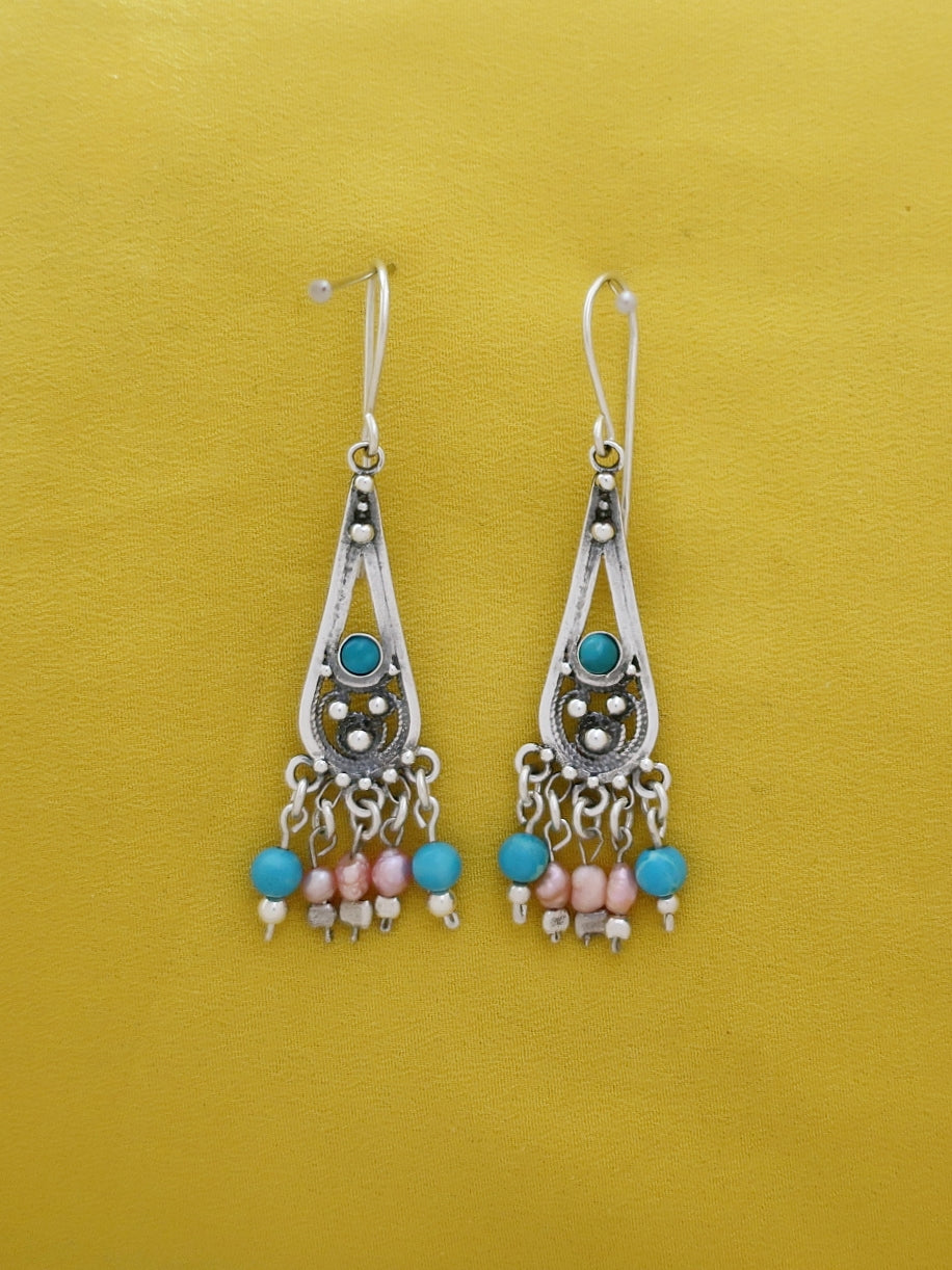 E102- Silver Earrings with Turquoise & Pearls Beads