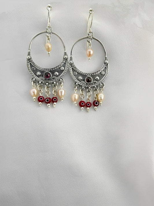 E14- Big Half Moon Earrings with Garnet Stones & Pearls