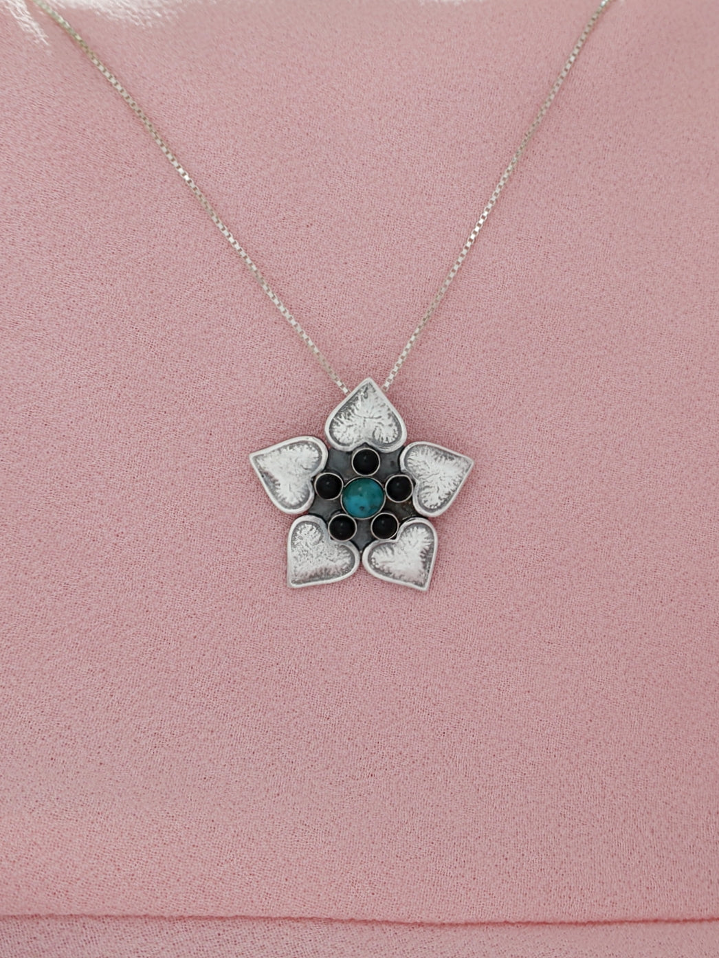 B208 - Flower Pendant with Turquoise & Onyx