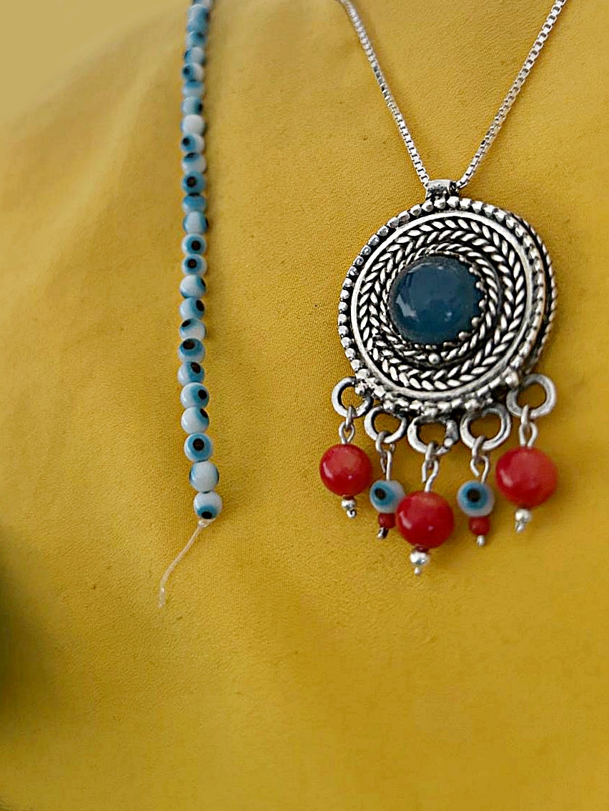 B350- Silver Necklace with Agate Stone & Evil Eye