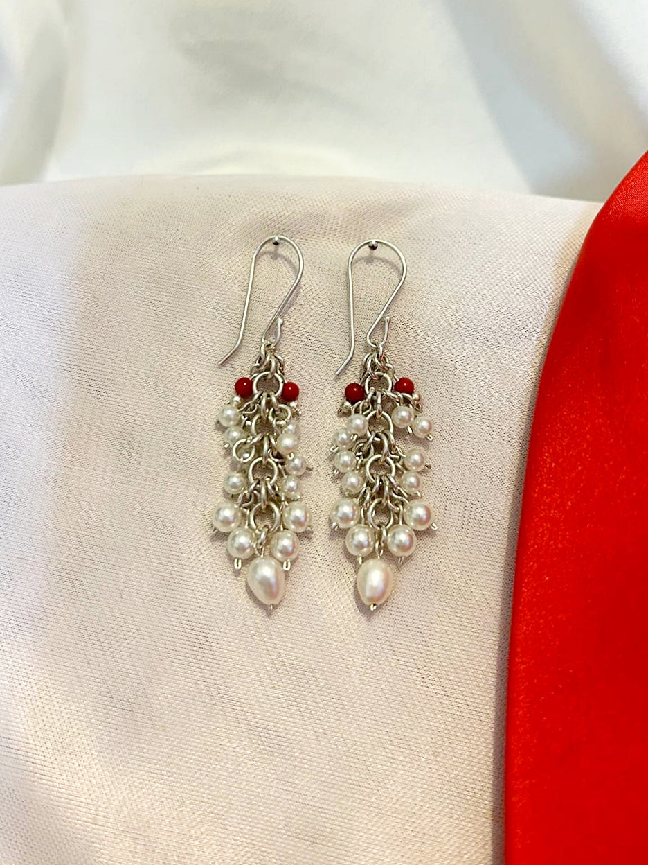 E132- Silver Earrings with Pearls & Carnelian