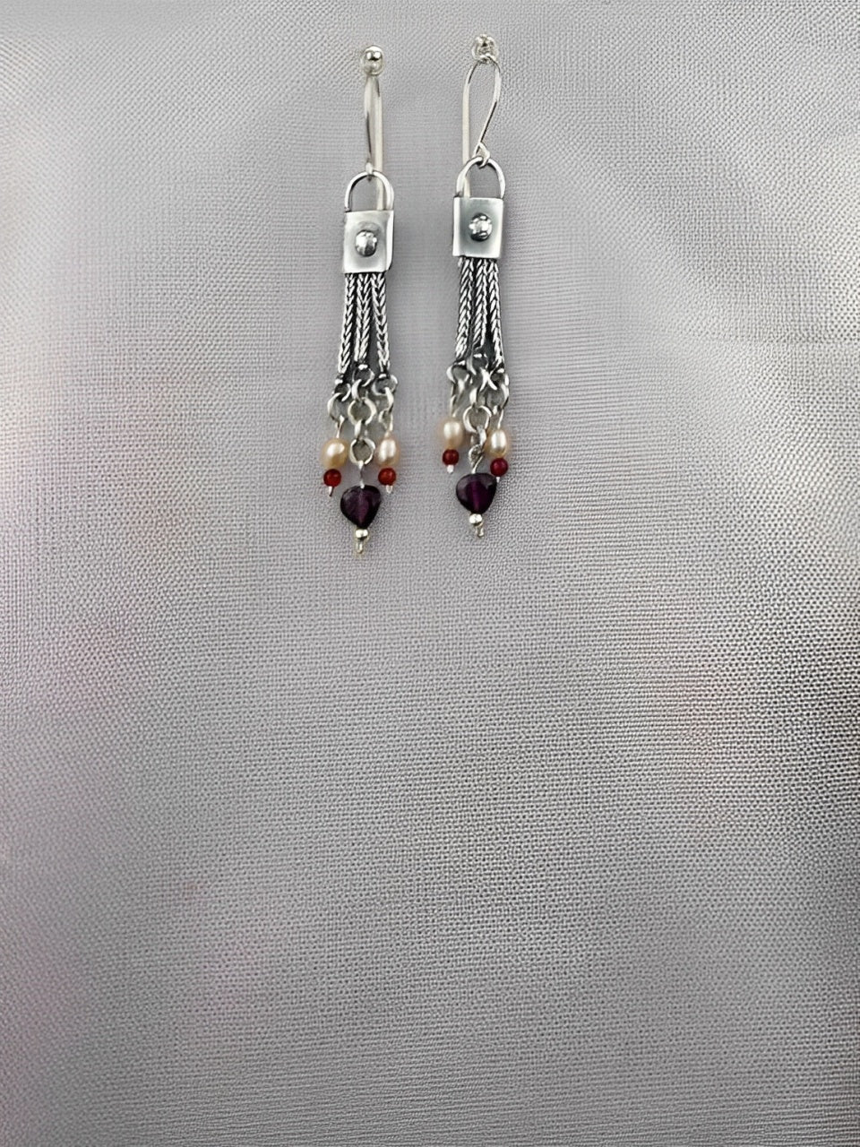 E93- Silver Earrings with Garnet Hearts & Pearls
