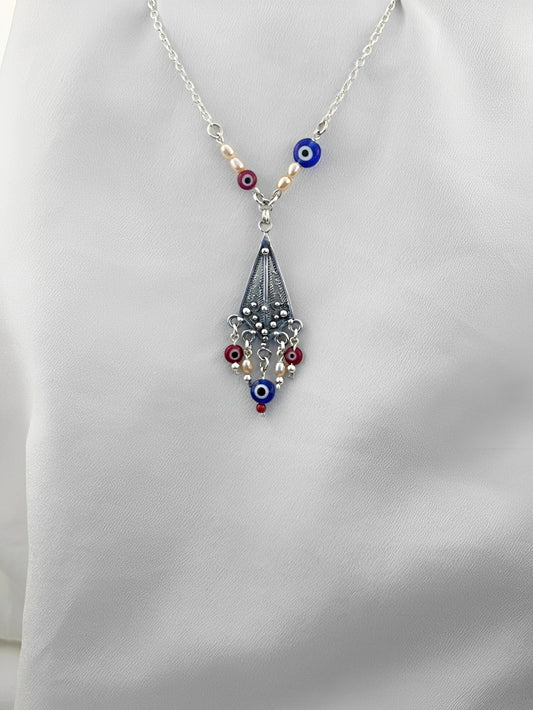 B77- Filigree Necklace with Pearls & Evil Eye