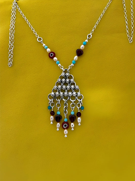 B9- Flowers Triangle Necklace with Pearls