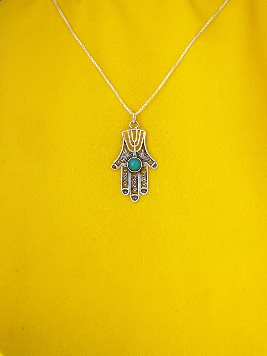 B393- Filigree Hamsa with Turquoise Stone