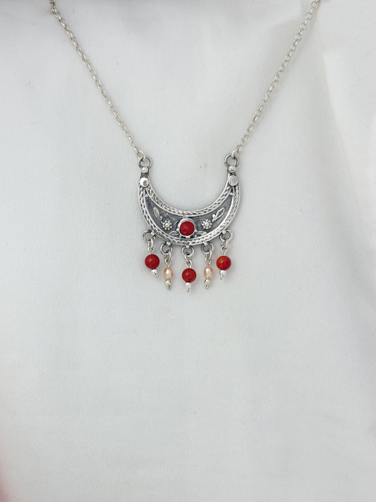B378- Moon Necklace with Carnelian & Pearls