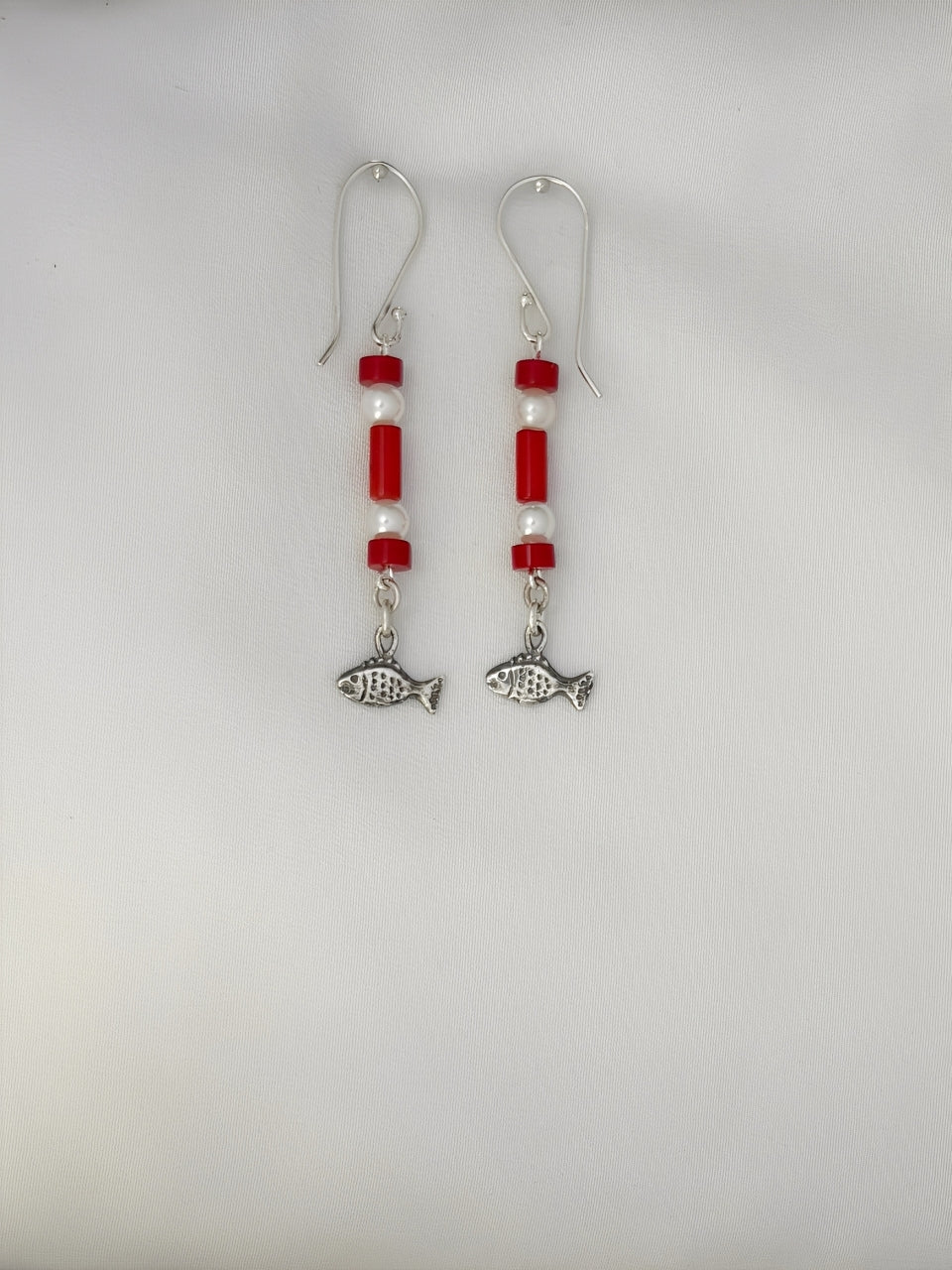 E142- Fish Earrings with Pearls & Carnelian Beads