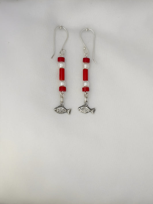 E142- Fish Earrings with Pearls & Carnelian Beads