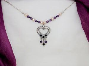 B251- Hearts Necklace with Onyx, Peals & Amethyst