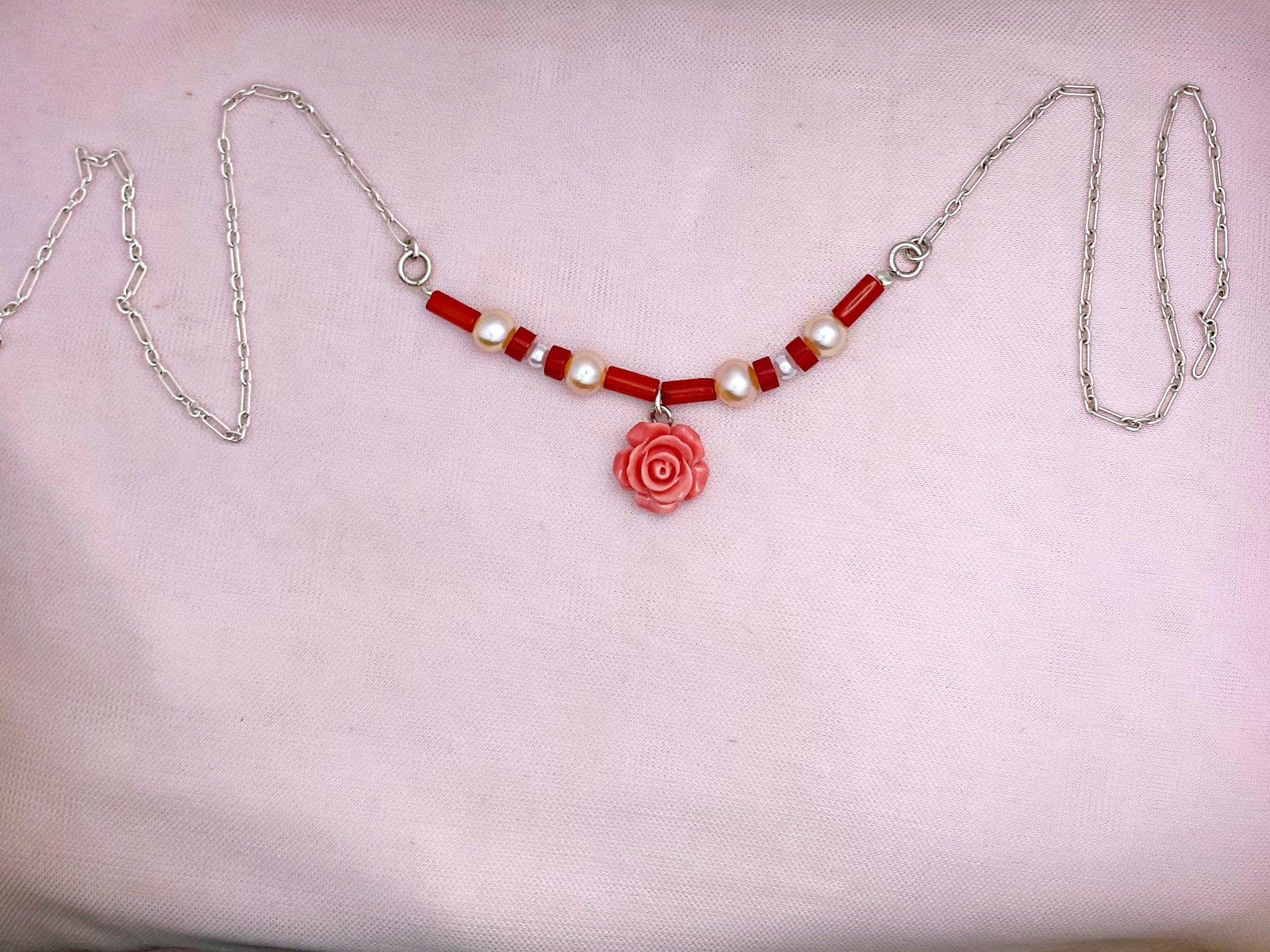 B339- Rose Necklace with Pearls