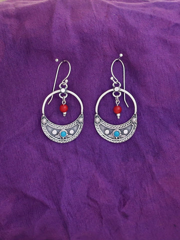 E108- Half Moon Earrings with Turquoise Stones & Carnelian Beads