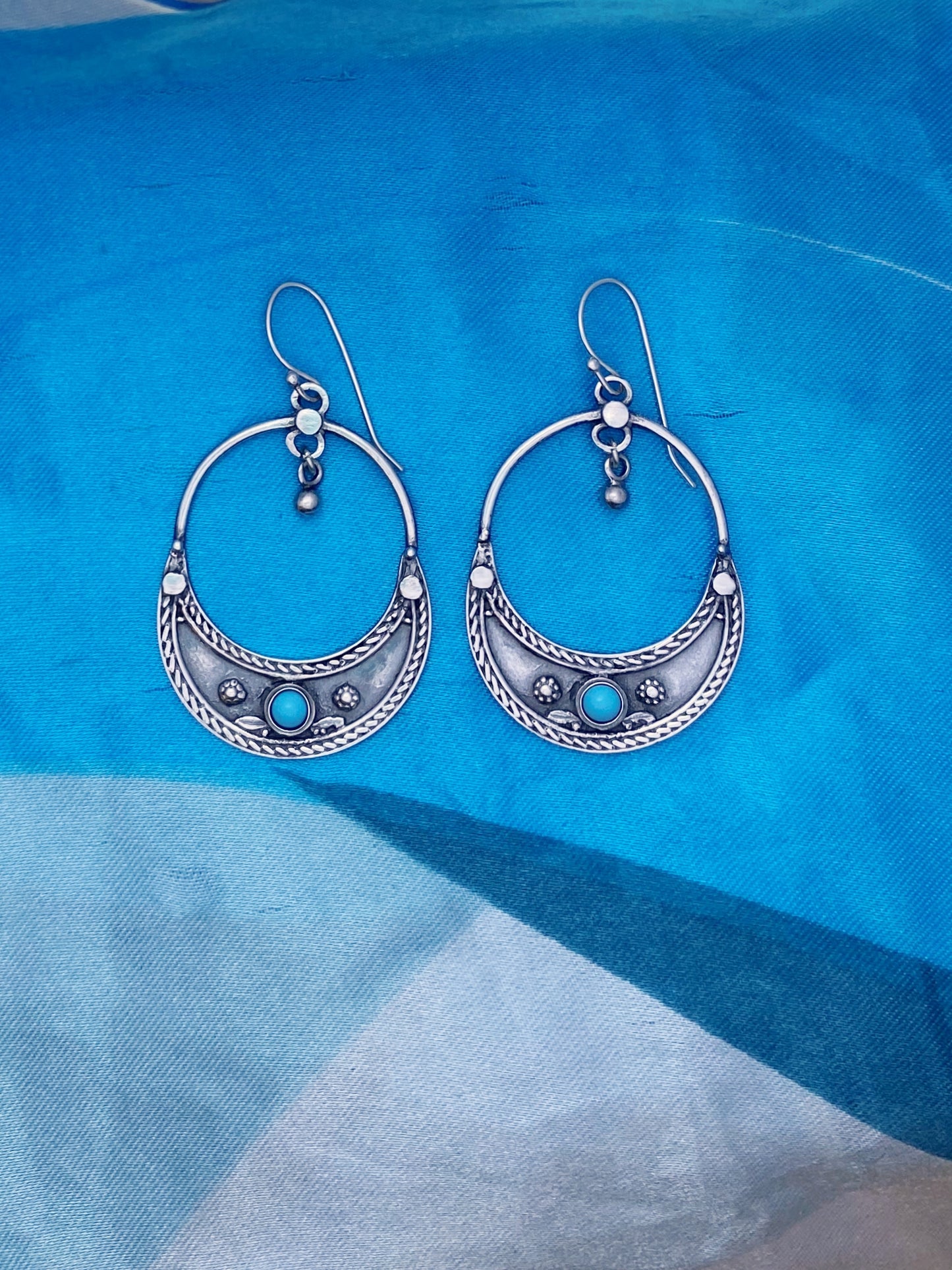 E25- Big Half- Moon Earrings with Turquoise Stone - Zehava Jewelry