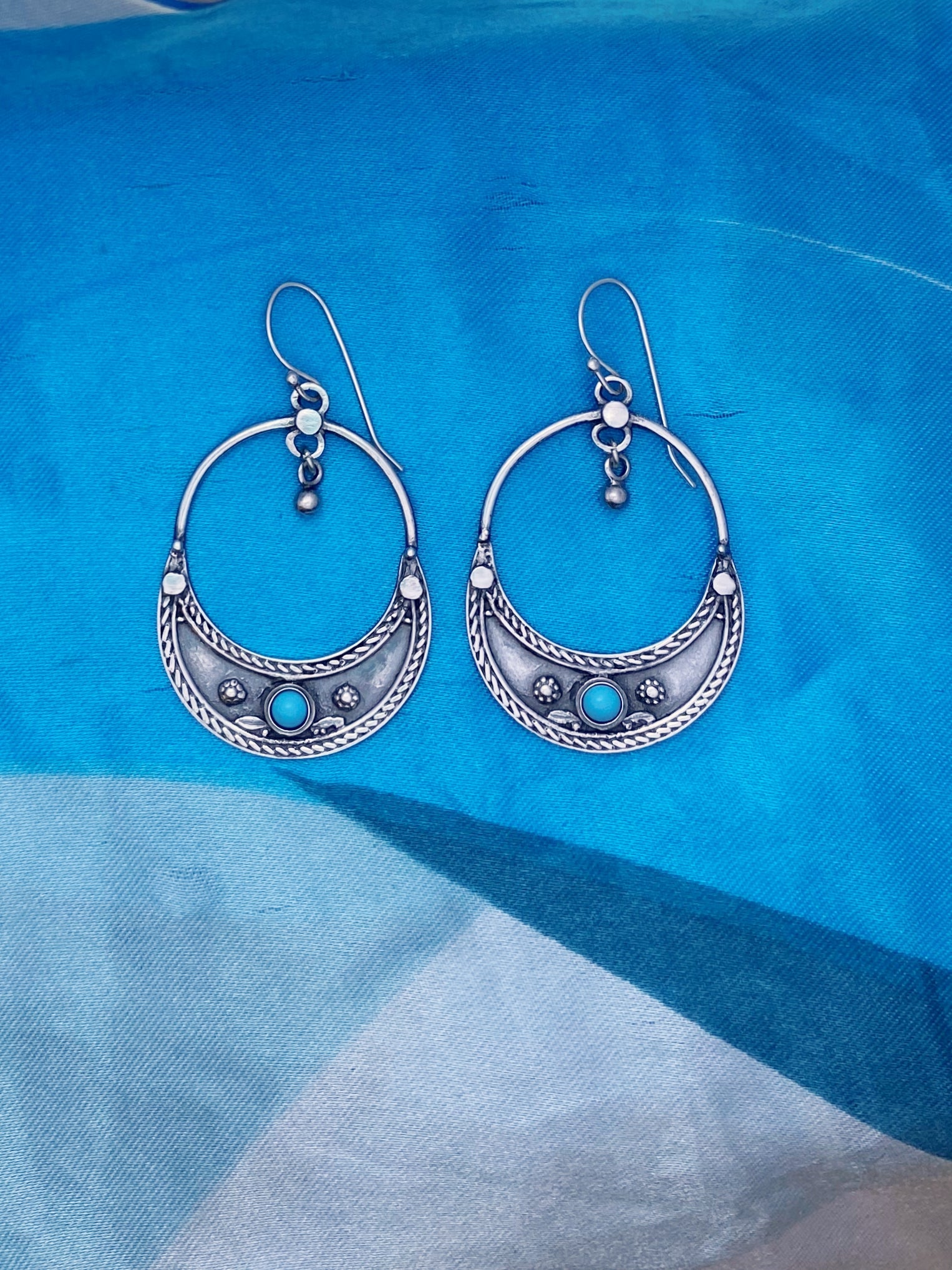 E25- Big Half- Moon Earrings with Turquoise Stone - Zehava Jewelry