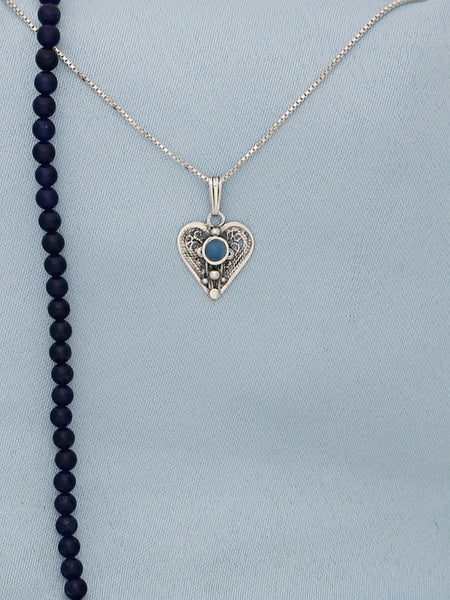 B76-  Filigree Heart Pendant with Multiple Stones - Zehava Jewelry