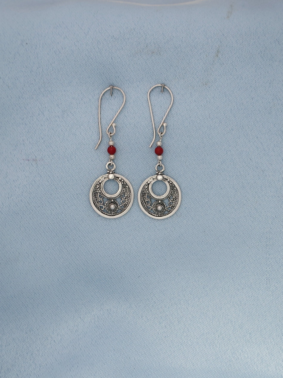 E51- Silver Filigree Earrings with Carnelian Bead - Zehava Jewelry