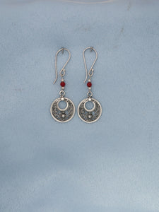 E51- Silver Filigree Earrings with Carnelian Bead - Zehava Jewelry