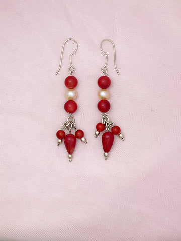 E129- Silver Earrings with Carnelian & Pearls