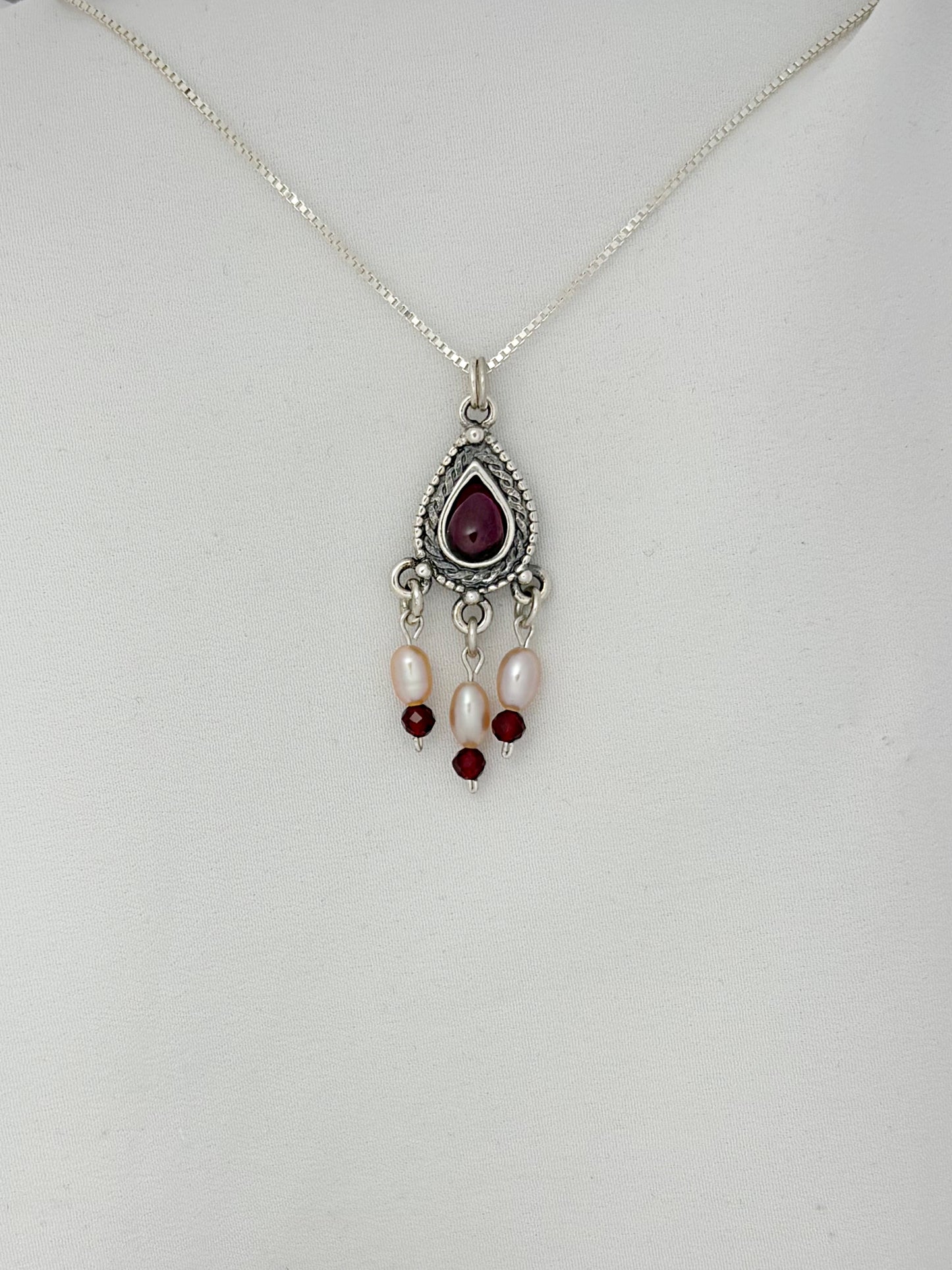 B25- Silver Drop Necklace with Garnet